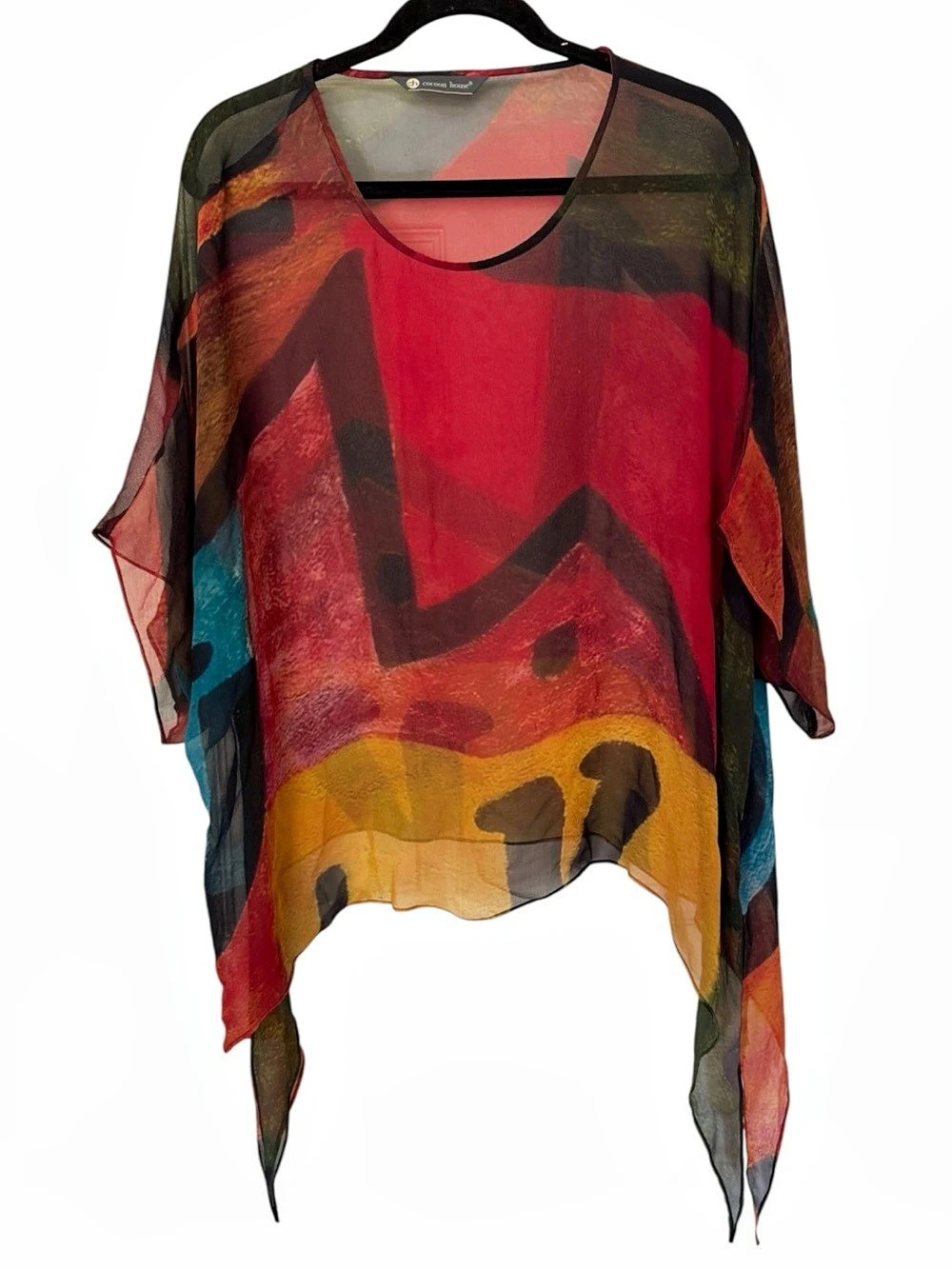 Cocoon House 100% Silk Abstract Poncho Top Asymmetric Sheer Tunic Blouse Sz S/M